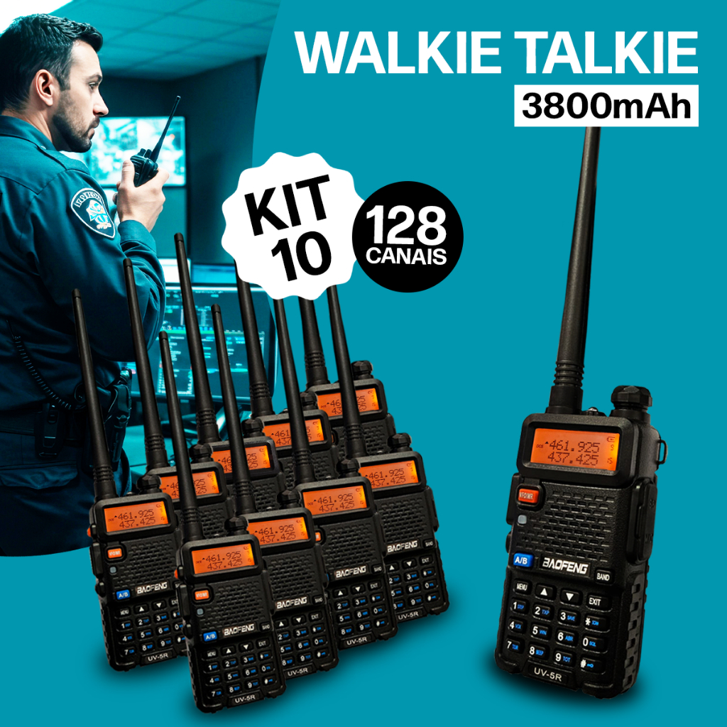 Kit 10 Rádio Walkie Talkie Comunicador Ht Dual Band Uhf Vhf Fm Baofeng Uv-5r Freqüência Walk Talk