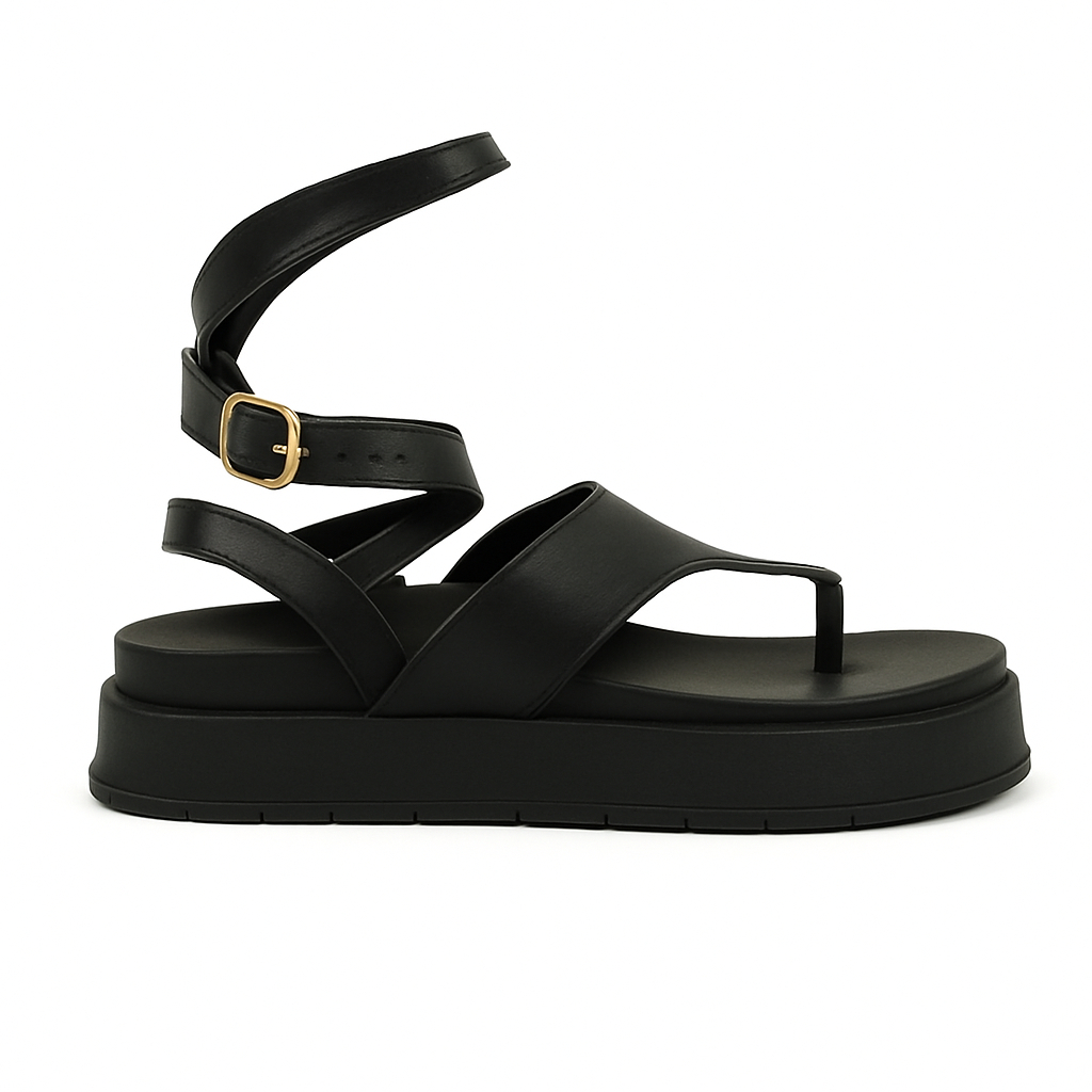 Rasteira feminina de plataforma alta, na cor preta, com tiras largas, fechamento em fivela e muito conforto