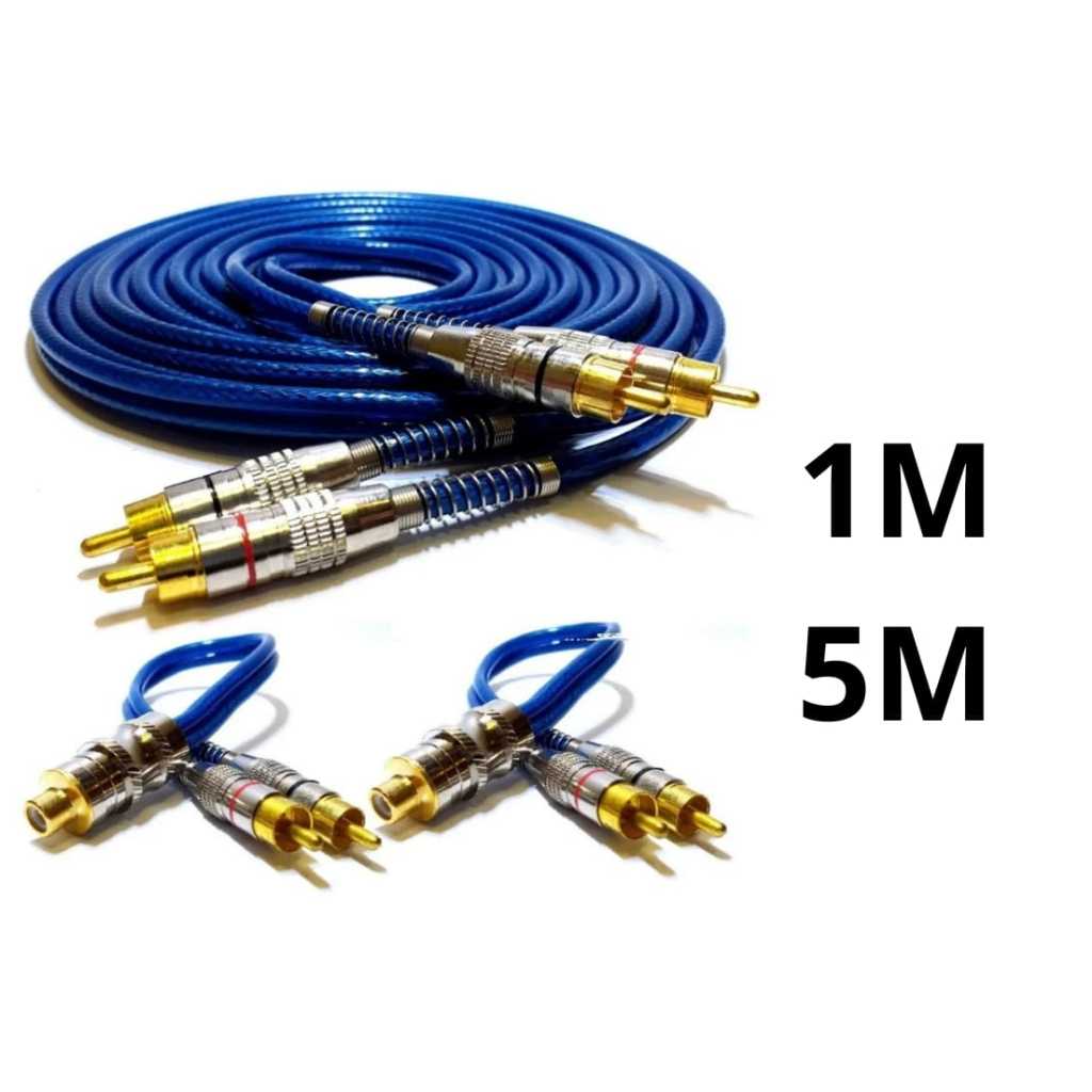 Kit Automotivo Cabo RCA 1m 5m + 2 Cabos Y 1 Fêmea x 2 Machos 20cm Dupla Blindagem Som Modulo Amplificador Stereo Carro