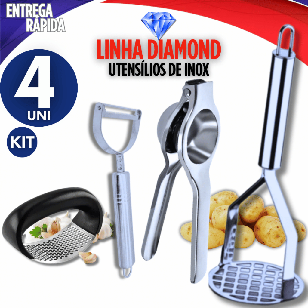 Combo Premium 4 Peças Inox - Espremedor de Alho, Limão, Amassador e Descascador