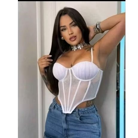 Cropped Tule Renda Transparente Alcinha Modinha Tendência Blogueira Moda Feminina Corselet tule