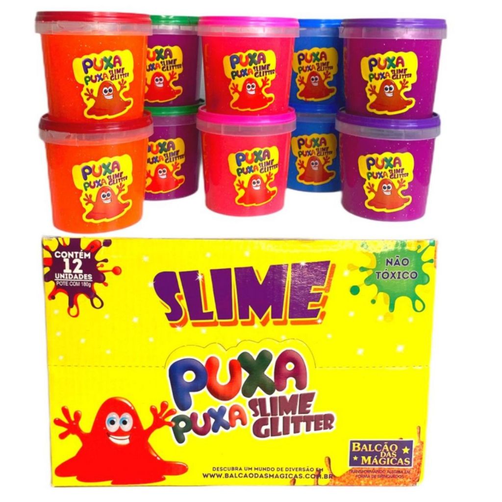 Caixa 12 unidades de Puxa Puxa Slime Glitter Brilho Revenda Atacado Lembrancinha - 180gr