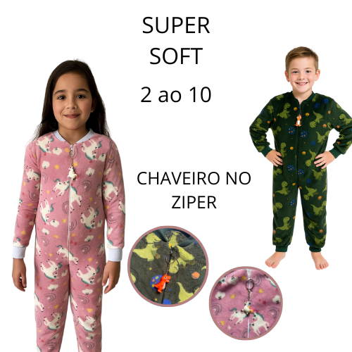 Pijama Macacão Super Soft Com Chaveiro Quentinho Infantil Ziper Frontal