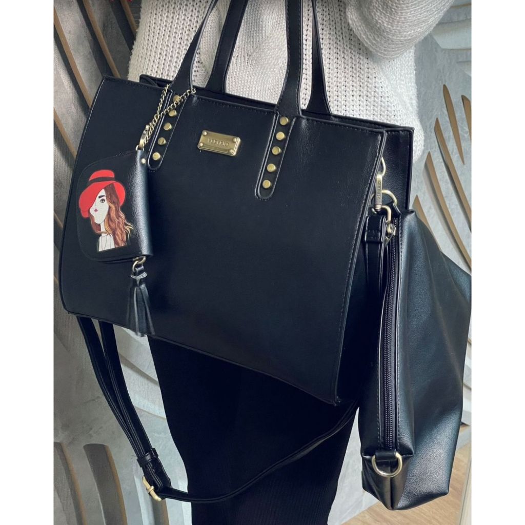Conjunto Bolsa Tote Bolsa Transversal ou Necessarie e Carteira Veryrio Moderna Resistente Trabalho Casual