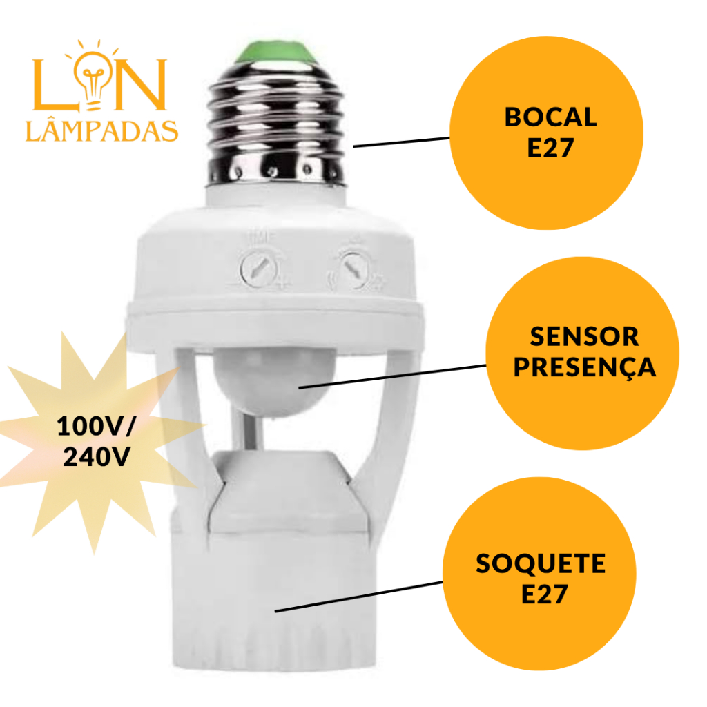 Sensor de Presença para Lâmpada Soquete Bocal E27 Bivolt Detector de Movimento Ajustável de Tempo