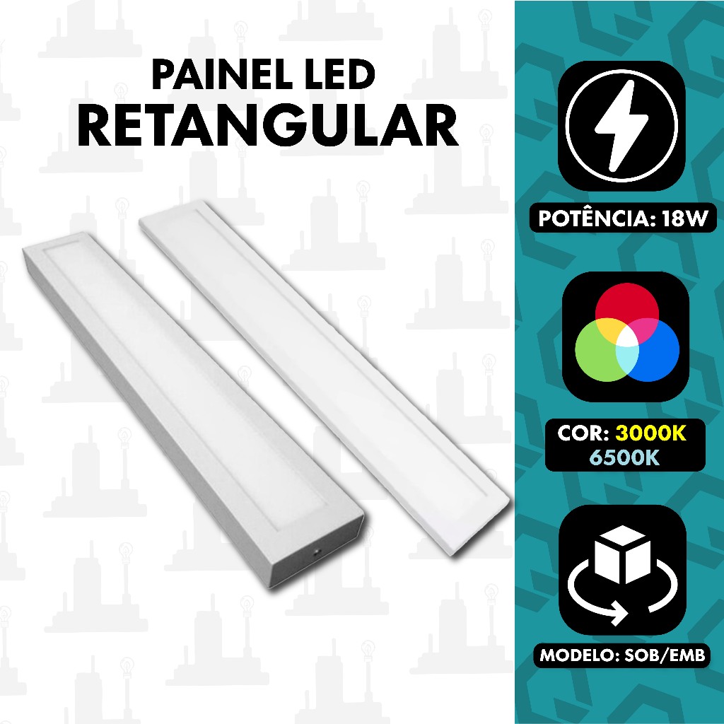 Painel Plafon Retangular Led 10x60 18w Embutir/Sobrepor 3000k/4000k/6500k  FABRICA UM