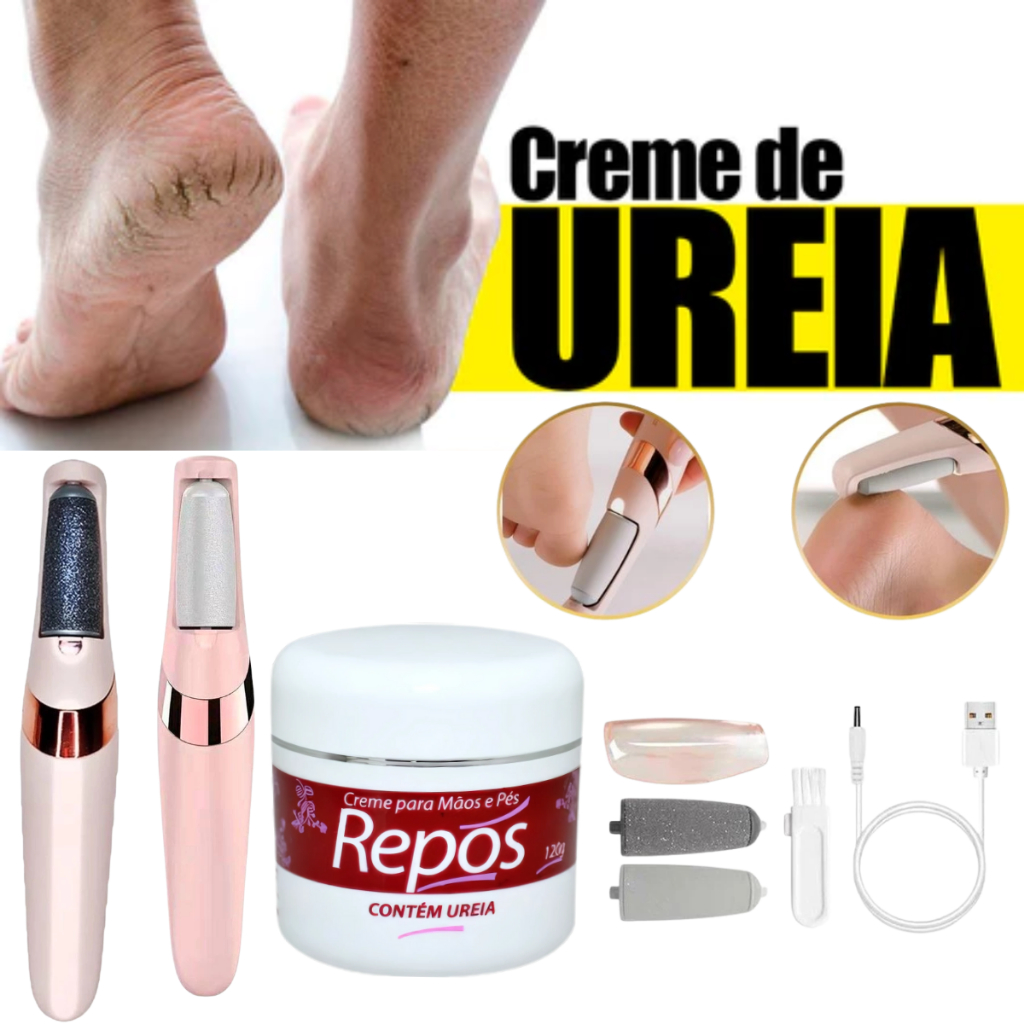 kit lixador de pés elétrico + creme hidrante para os pés com ureia repos 120g