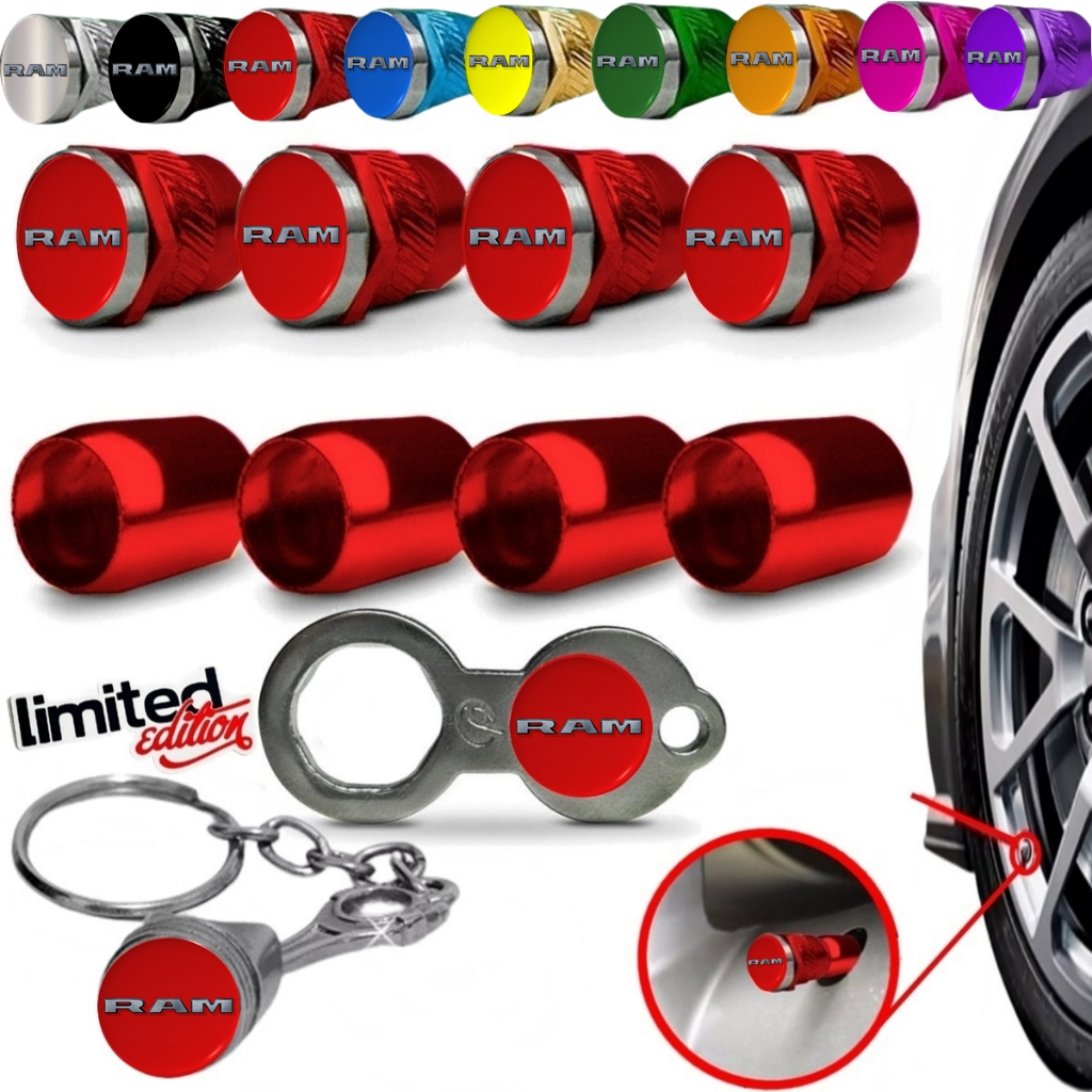 Jogo Tampa de Válvula de Pneu modelo Anti Furto Metal Vermelho da RAM com Chaveiro Pistão