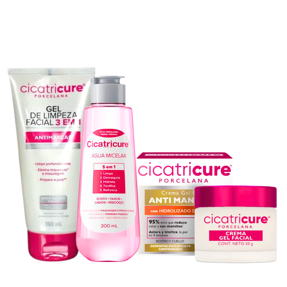 Kit Água Micelar + Sabonete Gel de Limpeza Facial + Hidratante Porcelana Cicatricure Antimarca Rugas