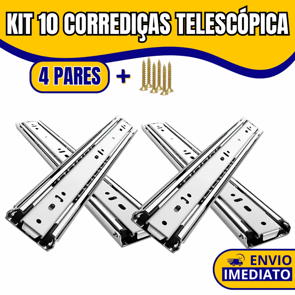 Kit 10 Corrediças Telescópicas Para Gaveta Com Parafusos Trilho Light 25cm a 45cm Aço Deslizante em Oferta na Shopee