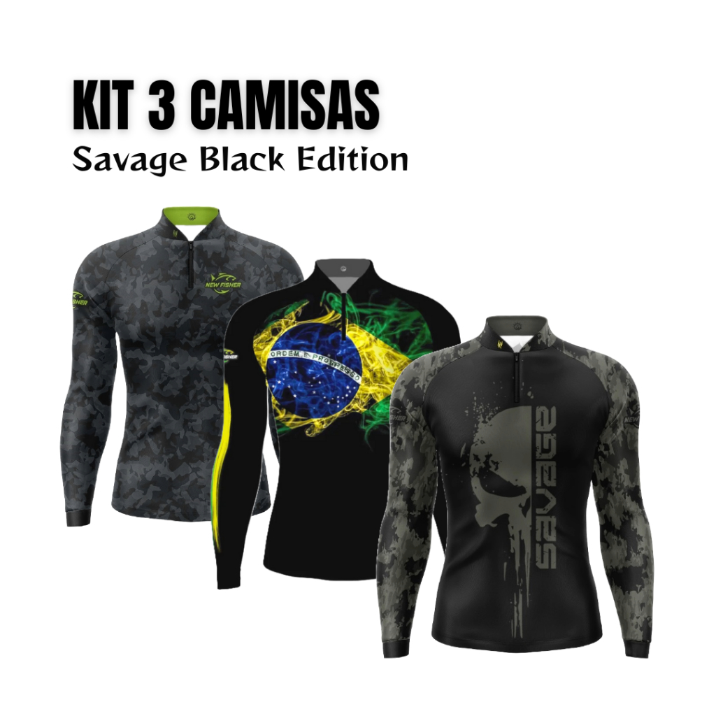 Kit 3 Camisas Camisetas Pesca New Fisher Caveira Camuflado Brasil c/ Proteção Solar UV50