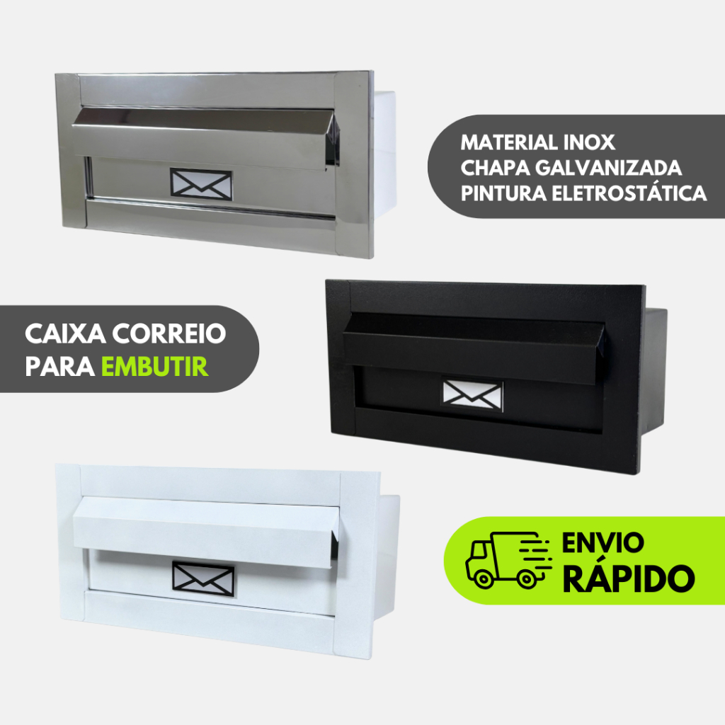 Caixa Correio Carta - Inox com Aba - Para Muro Parede de Embutir - 14cm Profundidade - Preto Fosco - Cromado - Branco