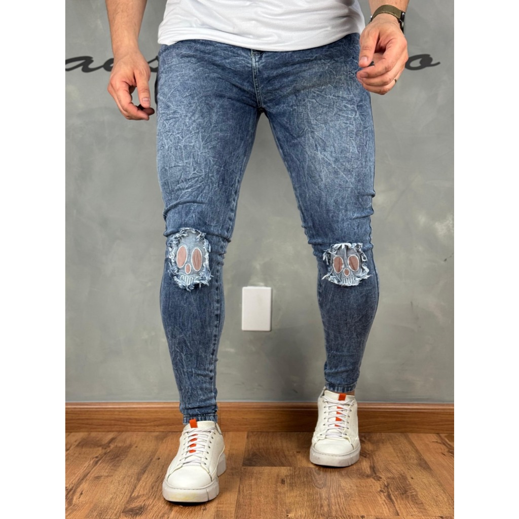 Calça Jeans Premium Super Skinny Masculina Detalhe Patche Caveira