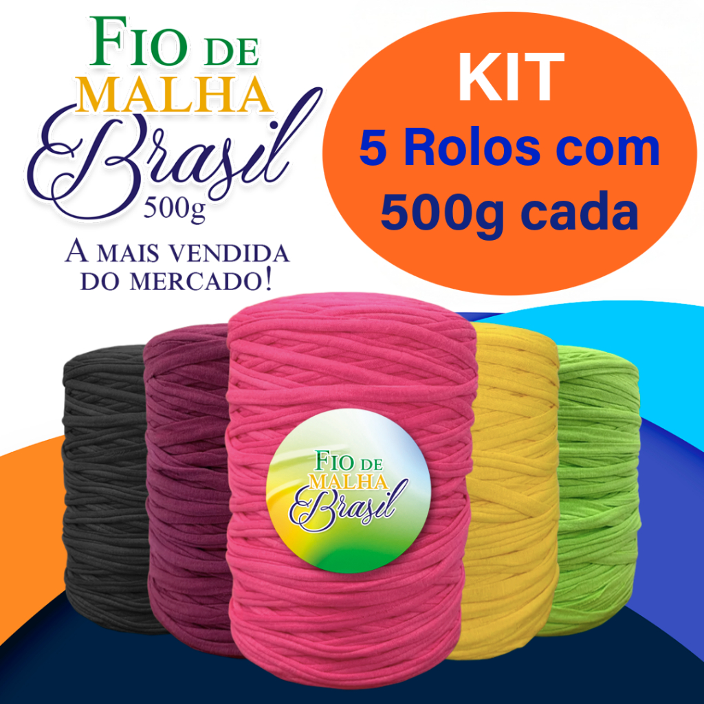 Kit Fio de Malha Brasil 5 Rolos com 500g Cada - Cores Variadas - Crochê Residual Bolsa Tapete Promoção Barato Fino
