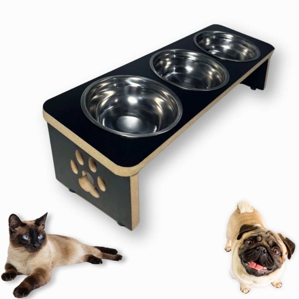 Comedouro Pet Elevado Inclinado 3 Tigelas de Inox em MDF premium super resistente em Oferta na Shopee