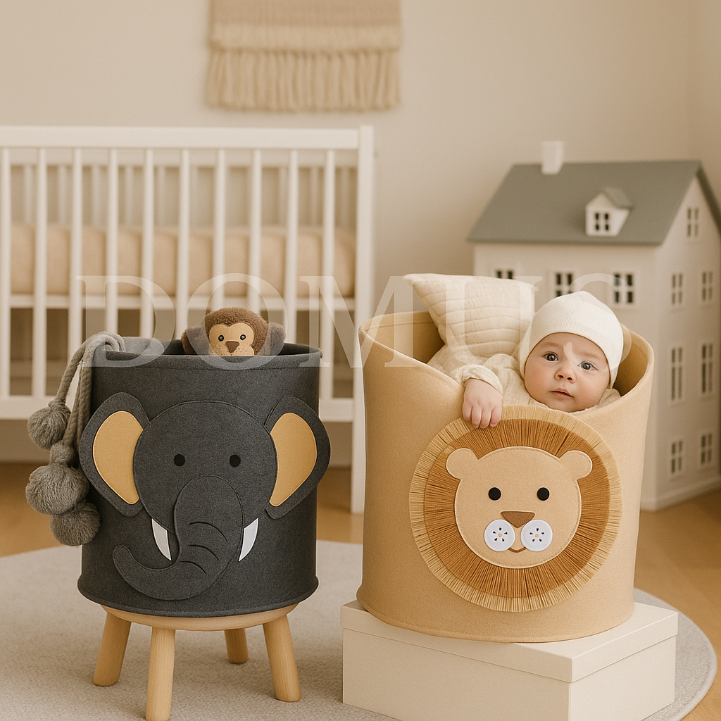 Organizador Cesto Multiuso Dobrável Brinquedos Roupa Infantil Animais Oval Quadrado Feltro