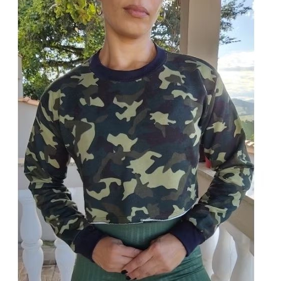 Blusa Moleton Manga Longa Camuflada Cropped Tam.M