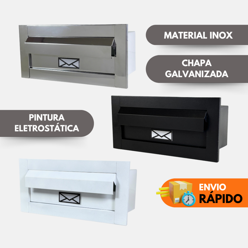 Caixa Correio Carta - Inox com Aba - Para Muro Parede de Embutir - 14cm Profundidade - Preto Fosco - Cromado - Branco