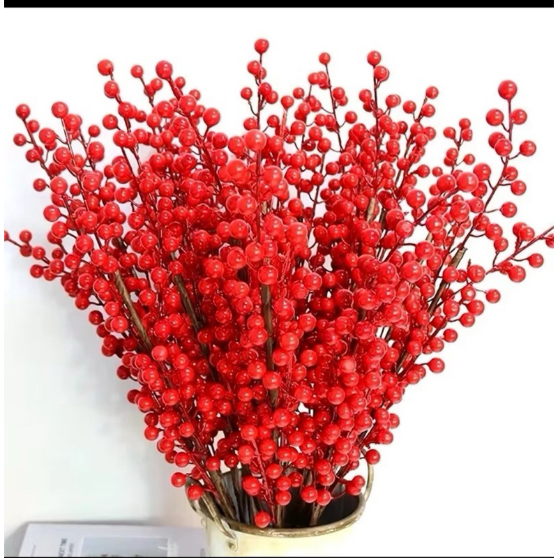 Cereja Galho Artificial Decoração Para Árvore Vermelho Folha Natal 88cm (No tamanho completo, desde o galho à ponta)