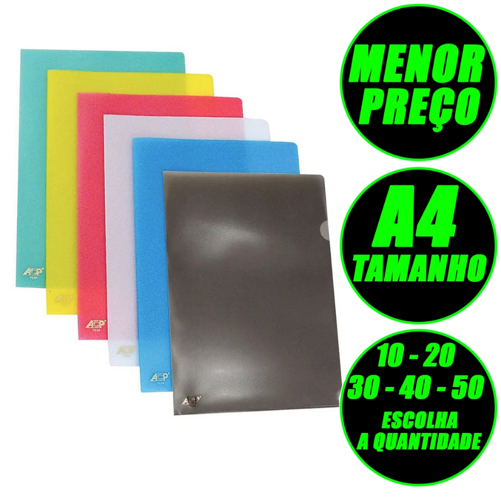 Pasta L Plástica A4 Protetora Pacote Com 10 20 30 40 50 Transparente Fumê Azul Rosa Verde Vermelho