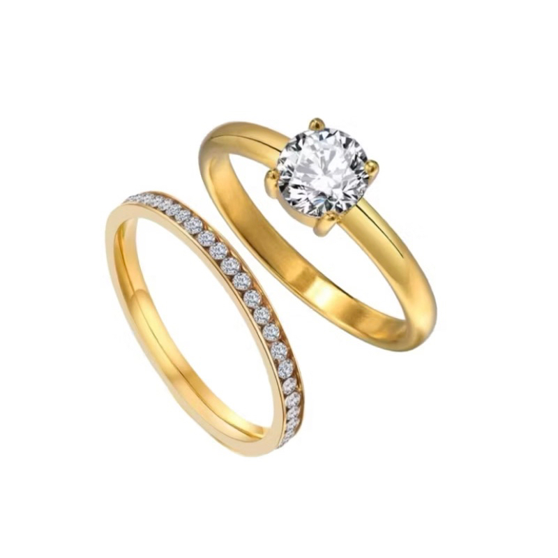 Kit Conjunto de Anel Solitário e Aparador Cor dourado com Pedras Zirconias Aço inoxidavel Moda beleza Feminina em Oferta na Shopee