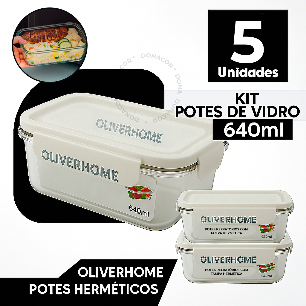 Kit 5 Potes de Vidro 640 ml Hermético Marmita Fit com Tampa 4 Travas