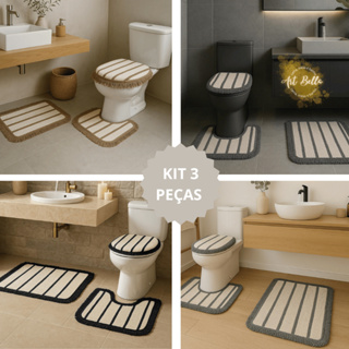 Kit Tapete Banheiro com 3 peças algodão Premium Jogo de Banheiro Decoração listras com franja em Oferta na Shopee