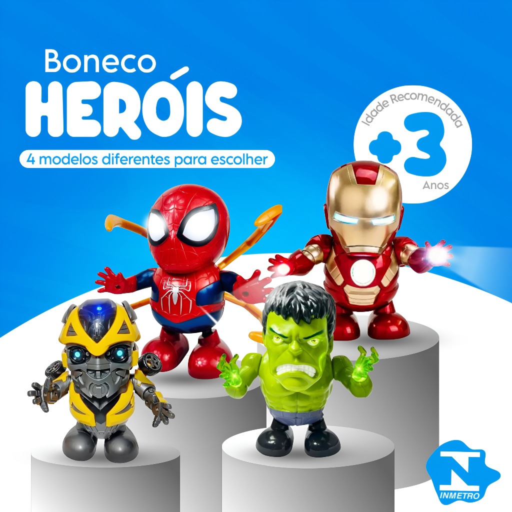 Brinquedo Dançarino Heróis Boneco Homem de Ferro Homem Aranha Hulk Transformers Bumblebee Luz Led Musical