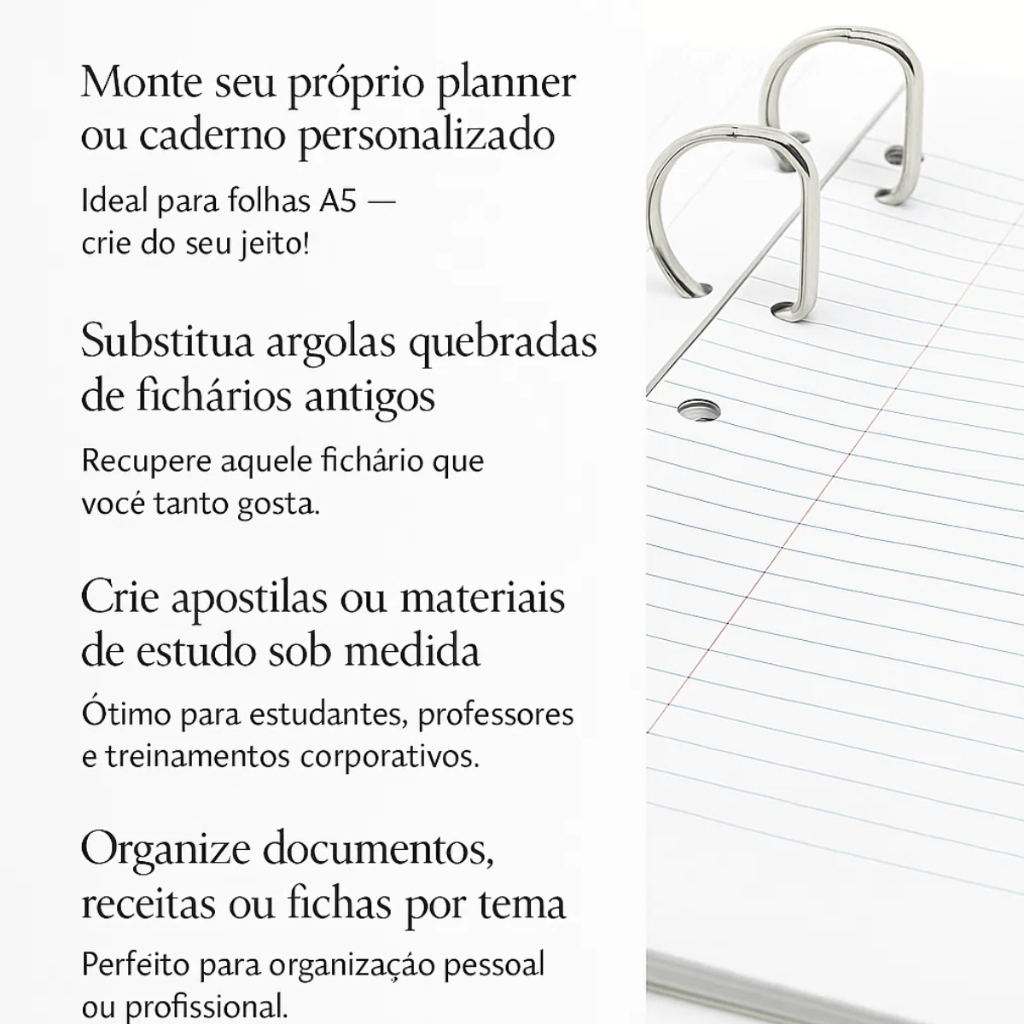 Garra para Fichário 04 Argolas D 25MM P/ Folhas Tamanho A5