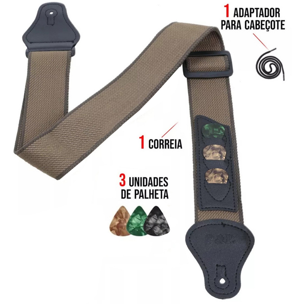 Correia Para Violão Guitarra Baixo Alça Comfort + 3 Palhetas Marrom