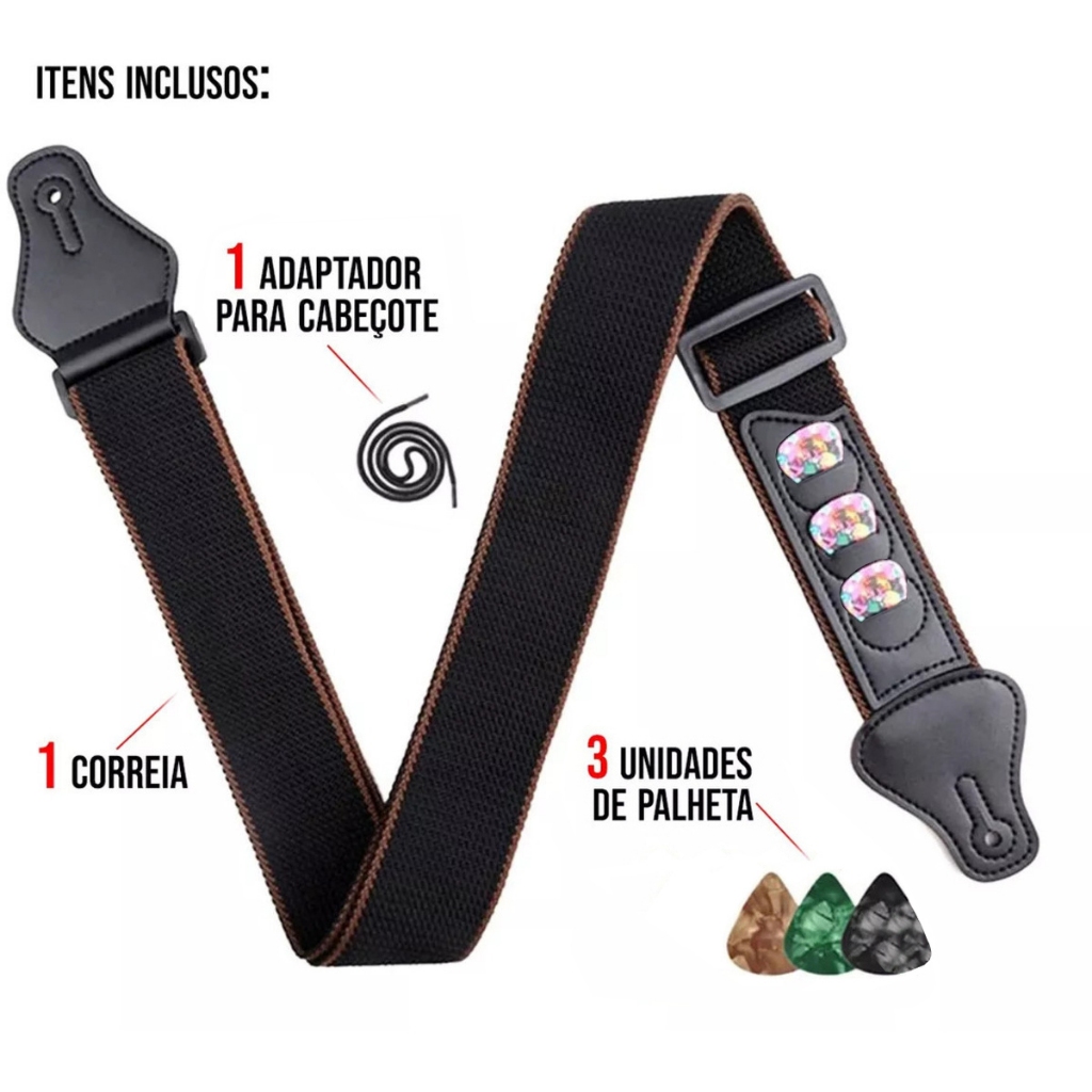 Correia Para Violão Guitarra Baixo Alça Ajustável Confortável Comfort + 3 Palhetas Preta
