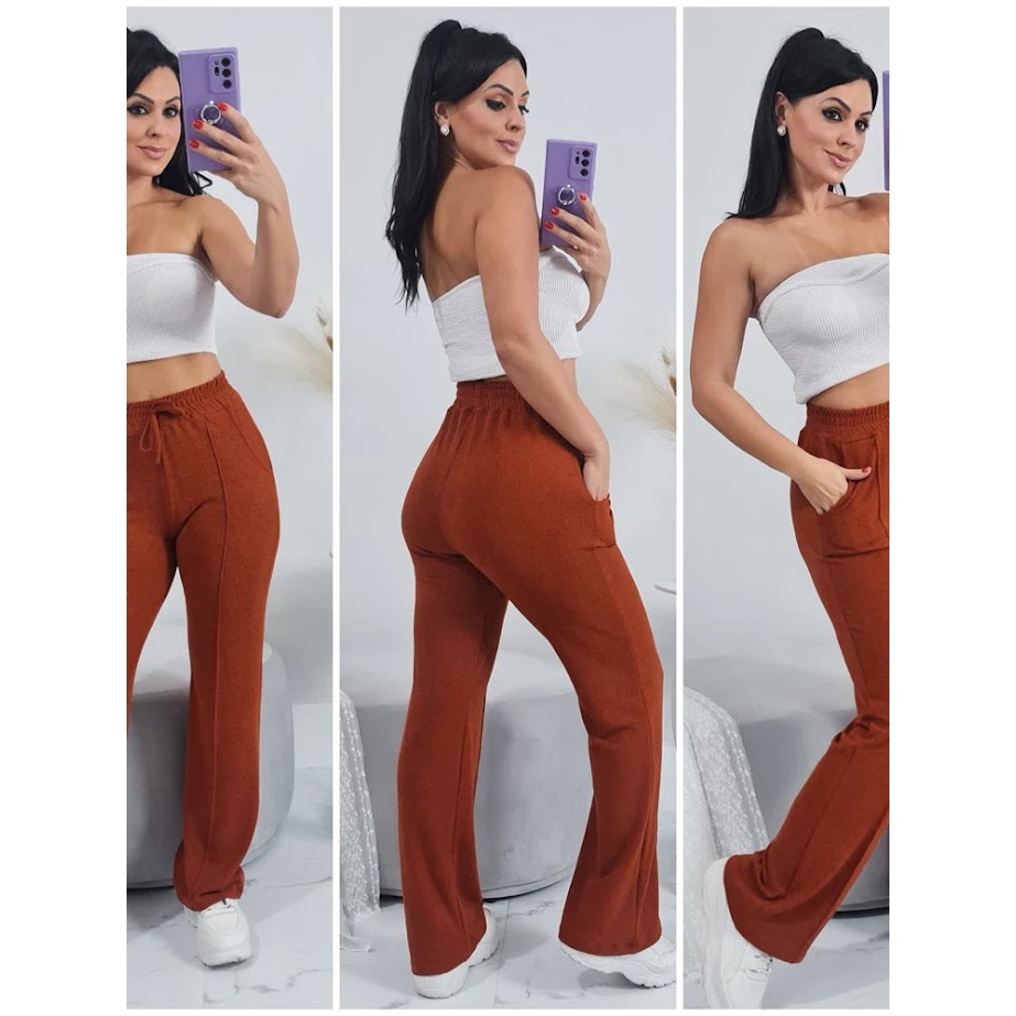 KIT 2 calça Pantalona Feminina Cintura Alta Com Bolso Tecido Lanzinha