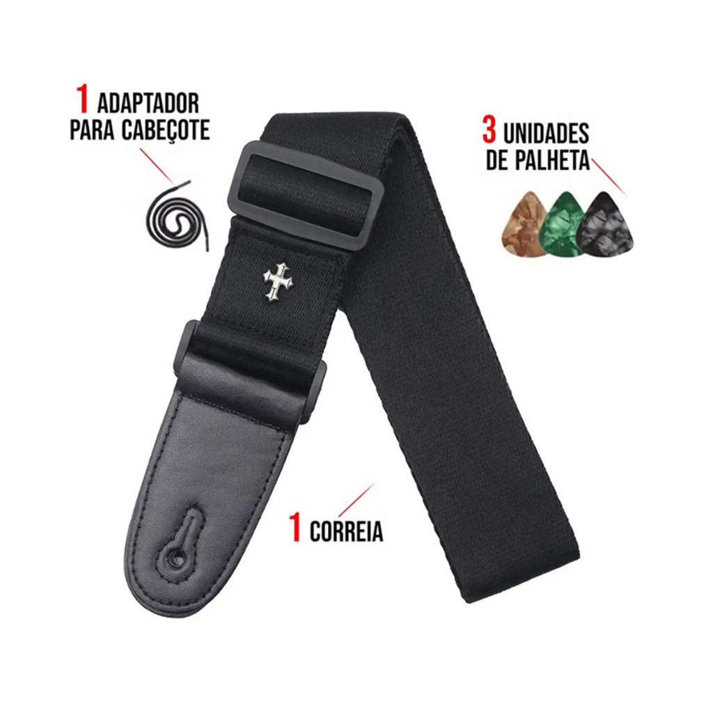 Correia Para Violão Guitarra Baixo Alça Ajustável + 3 Palhetas Preto Cruz em Oferta na Shopee