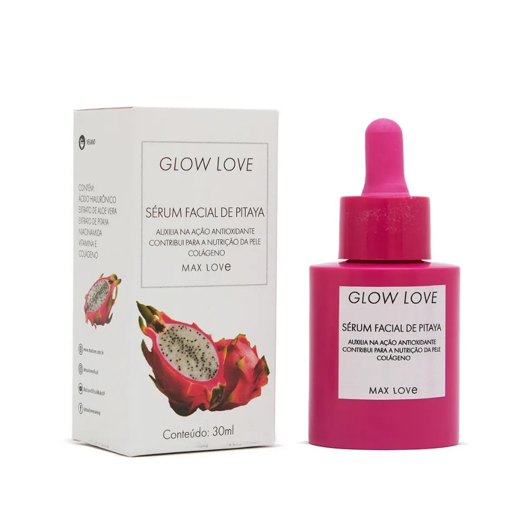 Sérum Facial Vegano Glow Love Pitaya Max Love 30ML - Mais vendido - Vitamina E - Colágeno - Aloe vera - Pele renovada