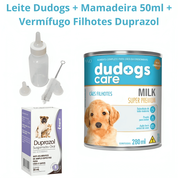 Kit Dudogs Care Milk 280 ml + Mamadeira + Vermífugo Duprazol 30 ml – Cuidados Completos para Filhotes