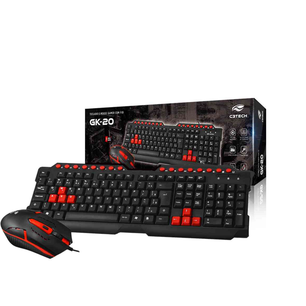 Kit Teclado e Mouse Qwerty Abnt Multimídia Preto Vermelho com fio USB Gamer para Computador Notebook
