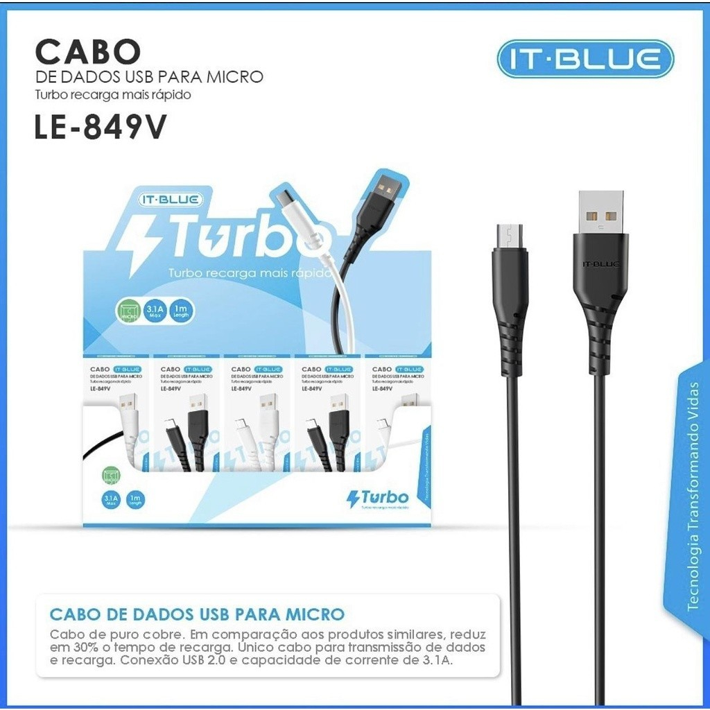 CABO DE DADOS E CARREGAMENTO PARA CELULAR, BARBEADOR, VENTILADOR DE MESA  ESPECIAL MICRO USB V8 - 1M