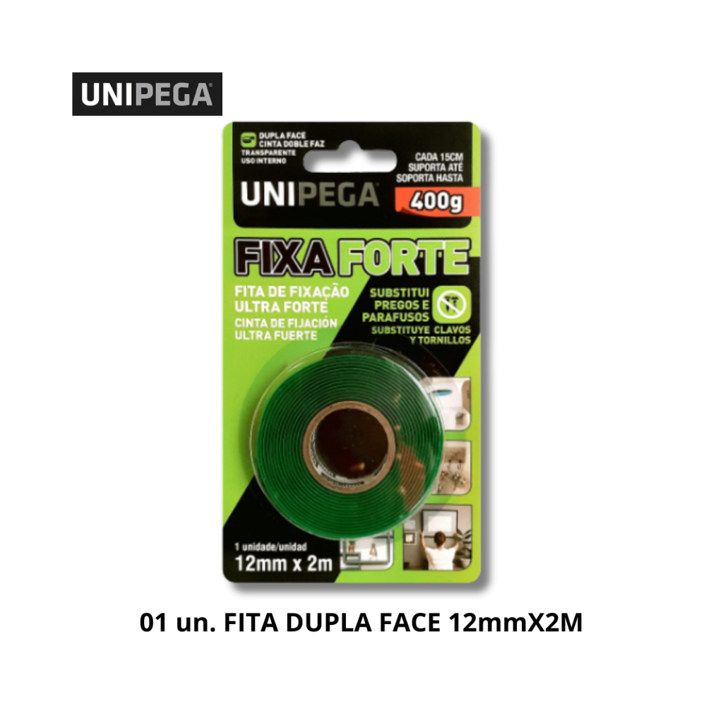 Fita Dupla Face Fixa Forte 12mm X 2 metros 400g Quadros Espelhos Decoração UNIPEGA