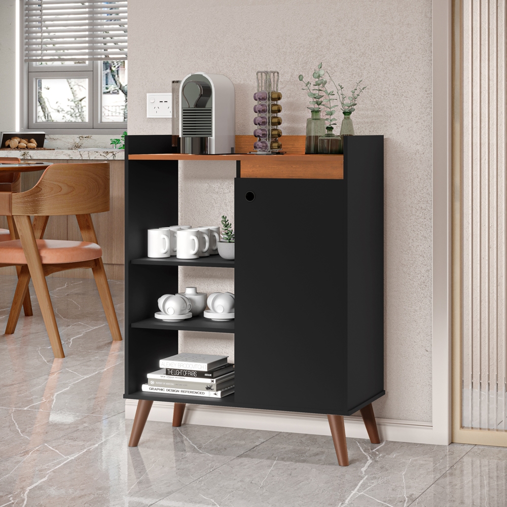 Buffet Miguel Compacto 1 Porta 3 Prateleiras Pés Palito - Aparador Multiuso Sala Cozinha Café Preto em Oferta na Shopee