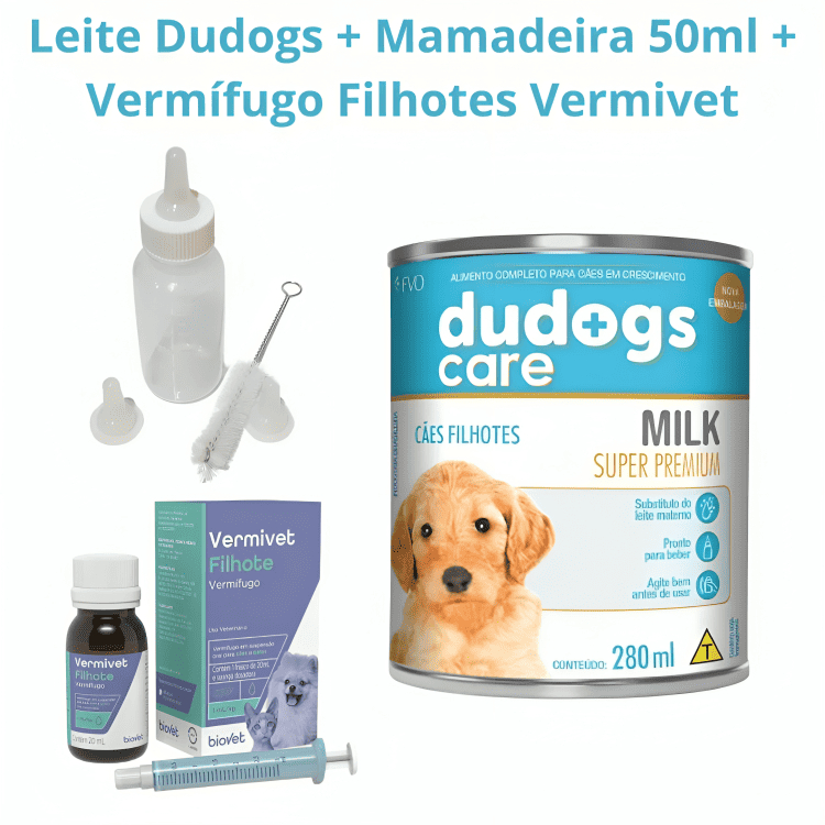 Kit Dudogs Care Milk 280ml + Mamadeira + Vermífugo Vermivet 20ml – Nutrição e Proteção para Filhotes