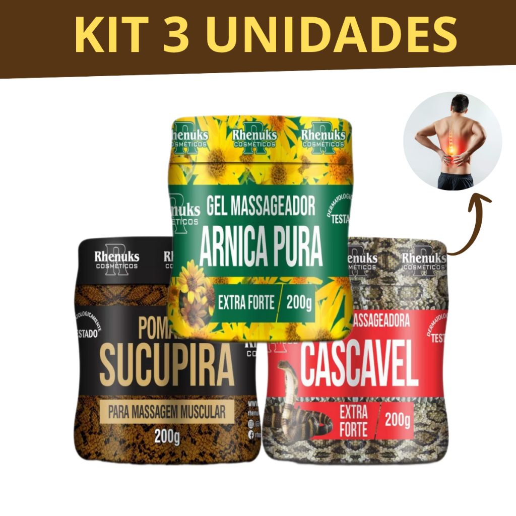 KIT 3 Pomadas Arnica Pura, Cascavel, Sucupira, Gel e Creme Para Lesões e Dor Muscular Alivio Corpo