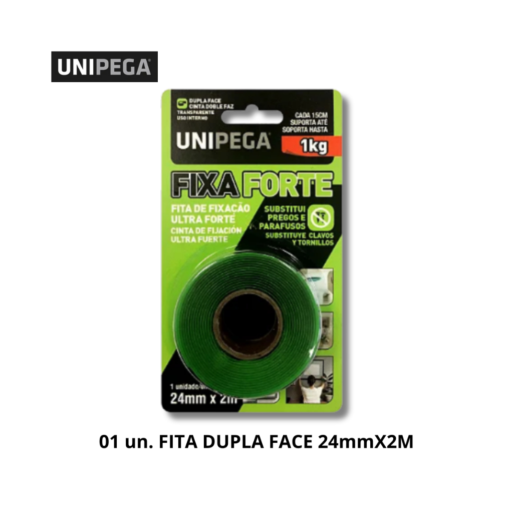 Fita Dupla Face Fixa Forte 24mm X 2 metros 1Kg Decoração Artesanato Quadros Espelhos UNIPEGA