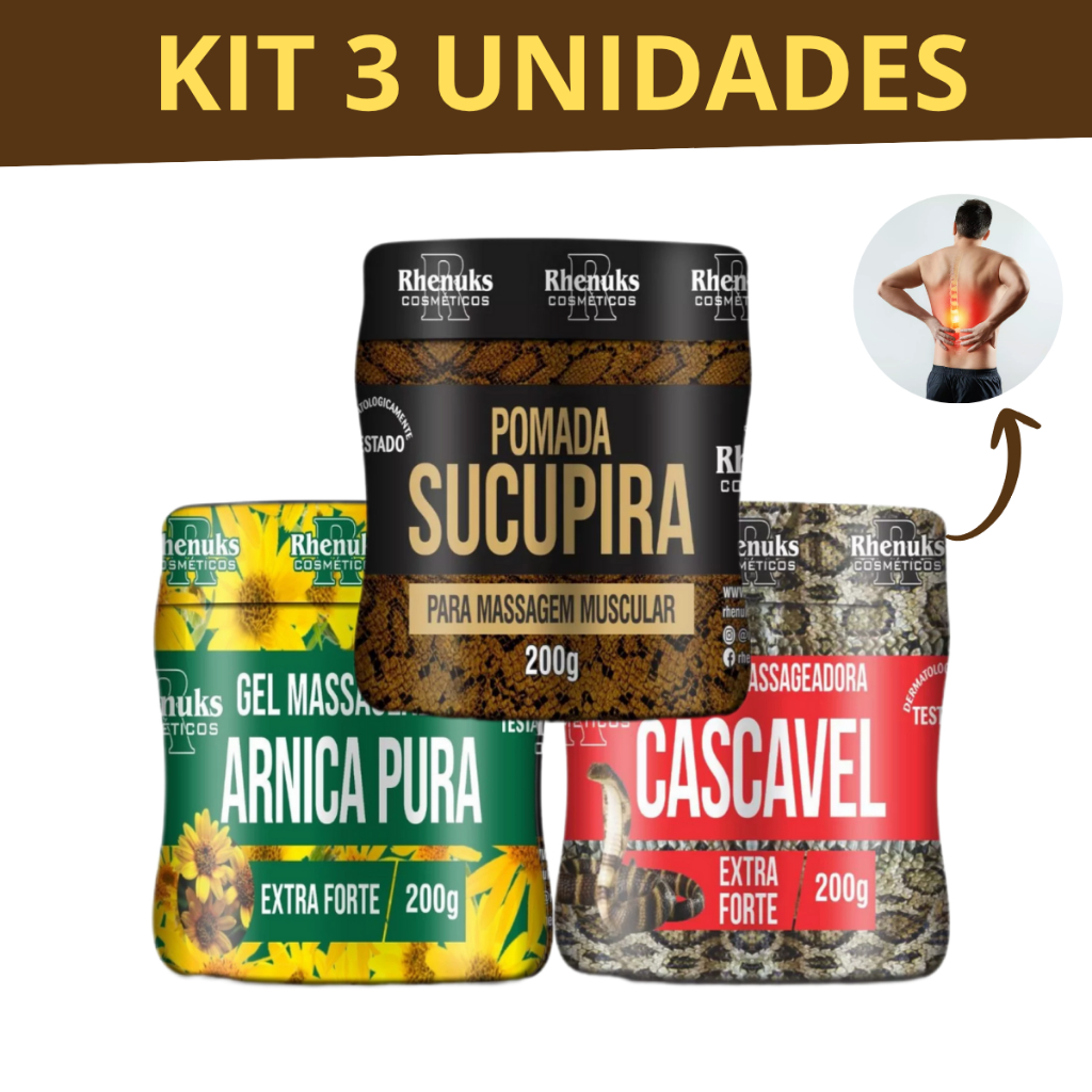 KIT 3 Pomadas Arnica Pura + Cascavel + Sucupira, Gel e Creme Para Lesões e Dor Muscular Tiger Balm
