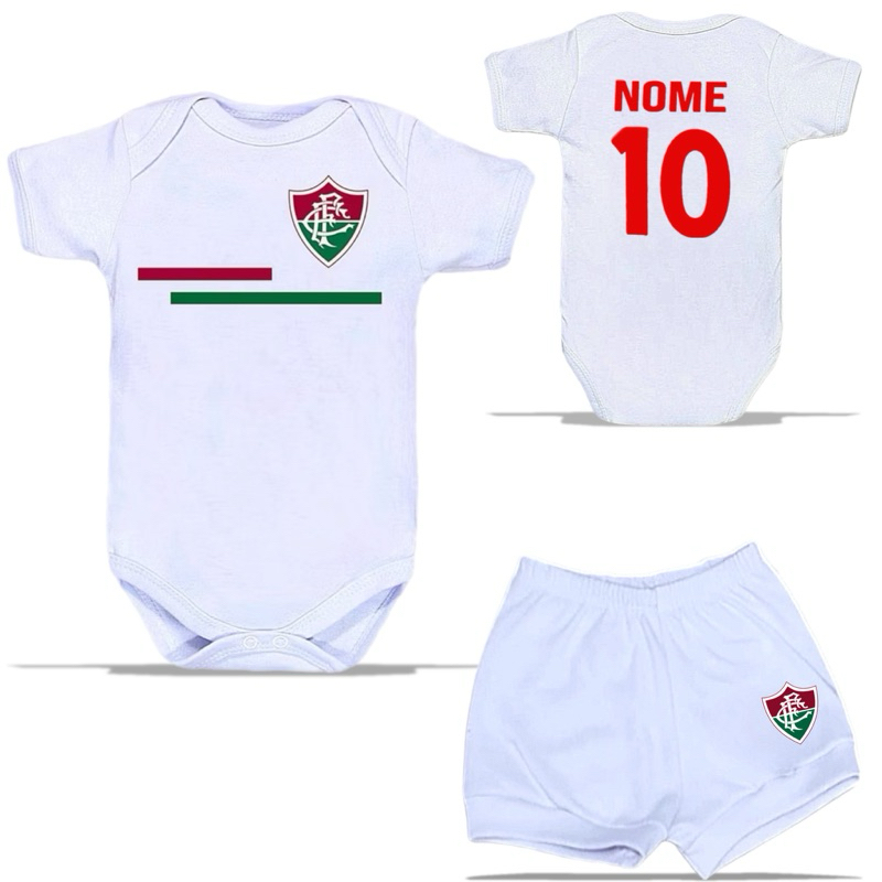Body Bebê Camisa Fluminense Personalizada com Nome + Bermuda Shorts Algodão Time Luxo