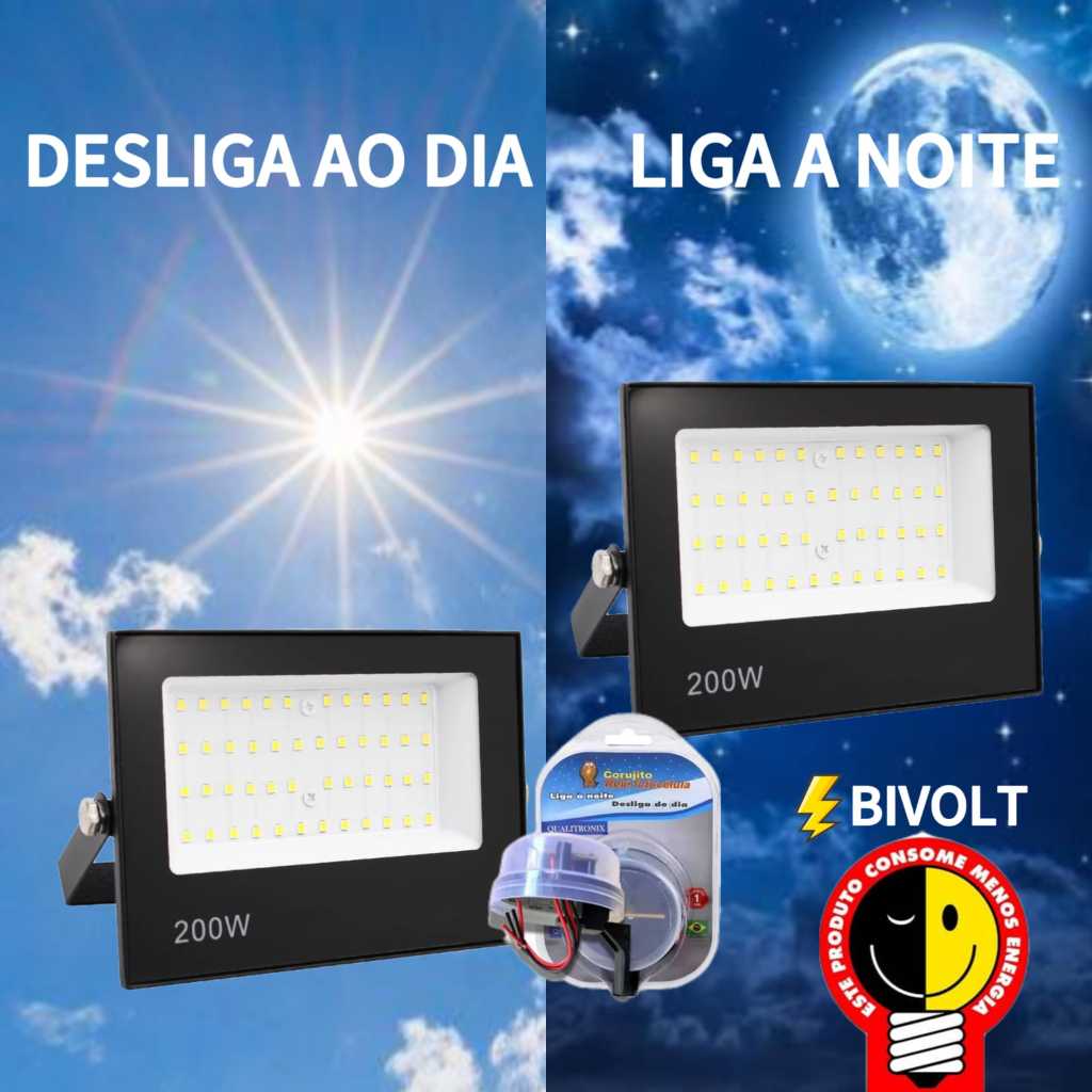 KIT Refletor LED 200W com Sensor Fotocélula Luz Branca Fria Liga à Noite e Desliga de Dia IP66