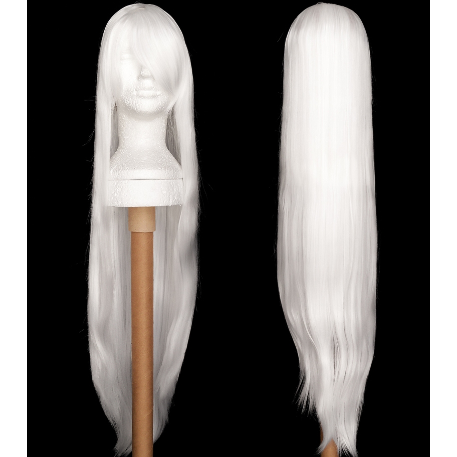 Peruca Cosplay Branca Lisa Longa 100cm C/ Franja Halloween Wig Orgânica