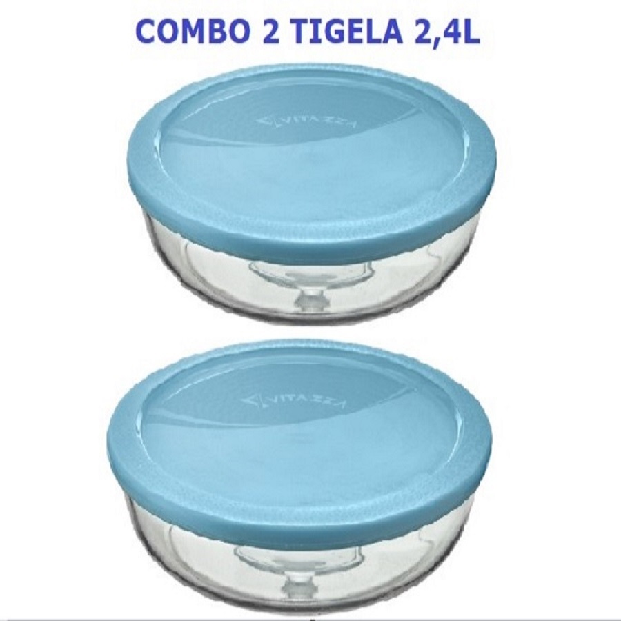 Kit 2 Tigela Pote De Vidro Com Tampa 2,4 L Round 26cm Vitazza