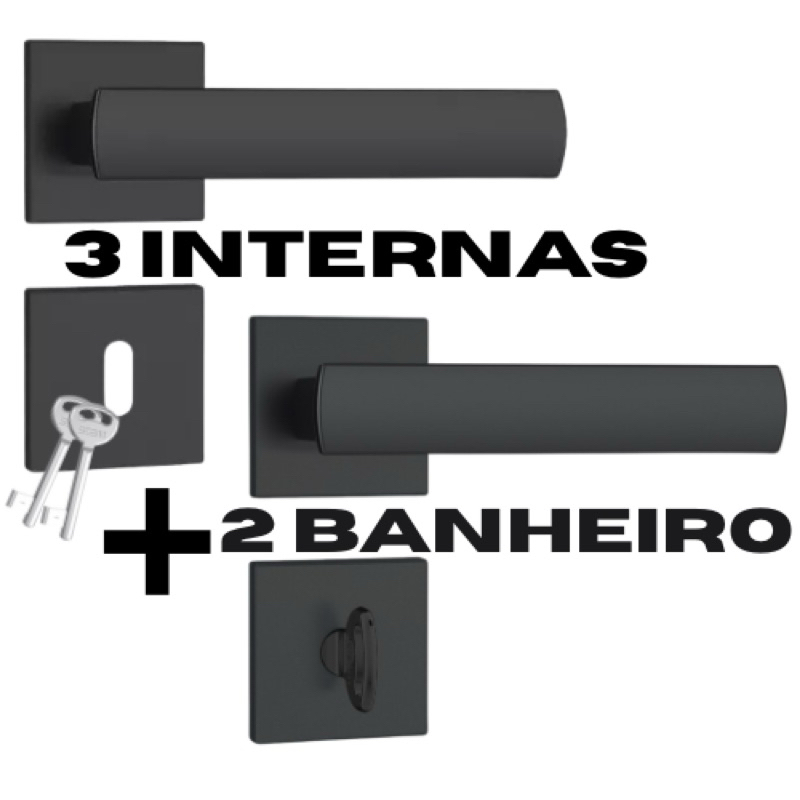 Kit 3 Fechaduras Internas + 2 Fechaduras Banheiro Stam Preto Fosco Roseta Quadrada Maquina 40mm em Oferta na Shopee