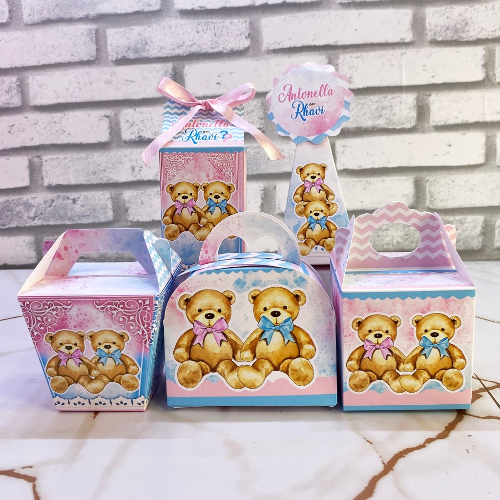 PEGUE E MONTE Kit Festa Chá Revelação Ursinhos Rosa e Azul Personalizados | Caixinhas | Lembrancinha chá de bebê