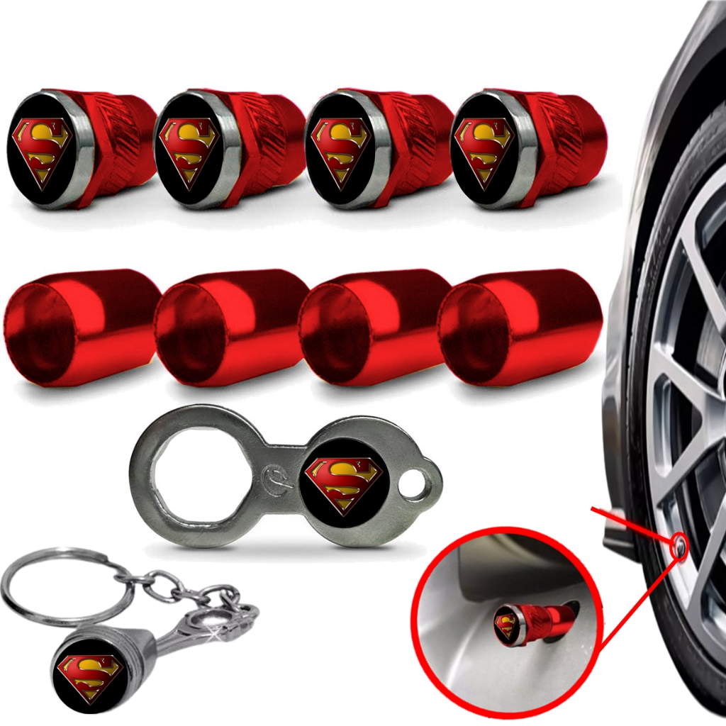 Jogo Super Man Antifurto Roda Metal Vermelho Herois Jogo Bico Valvula Capa Pneu Pito